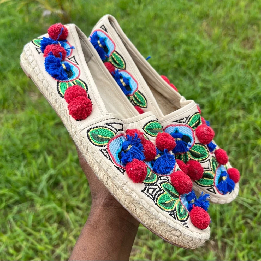 Tory Burch Ellis Pom Pom Embroidered Espadrille Flats Leather Textile Shoes 7.5 - Picture 4 of 11